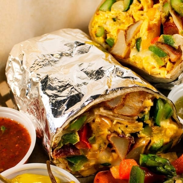 Two breakfast burritos, one unwrapped, filled with eggs, potatoes, and peppers, served with salsas.