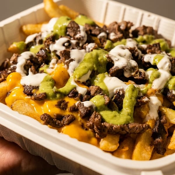 Close-up of loaded fries with cheese, beef, green sauce, and white sauce in a white container.
