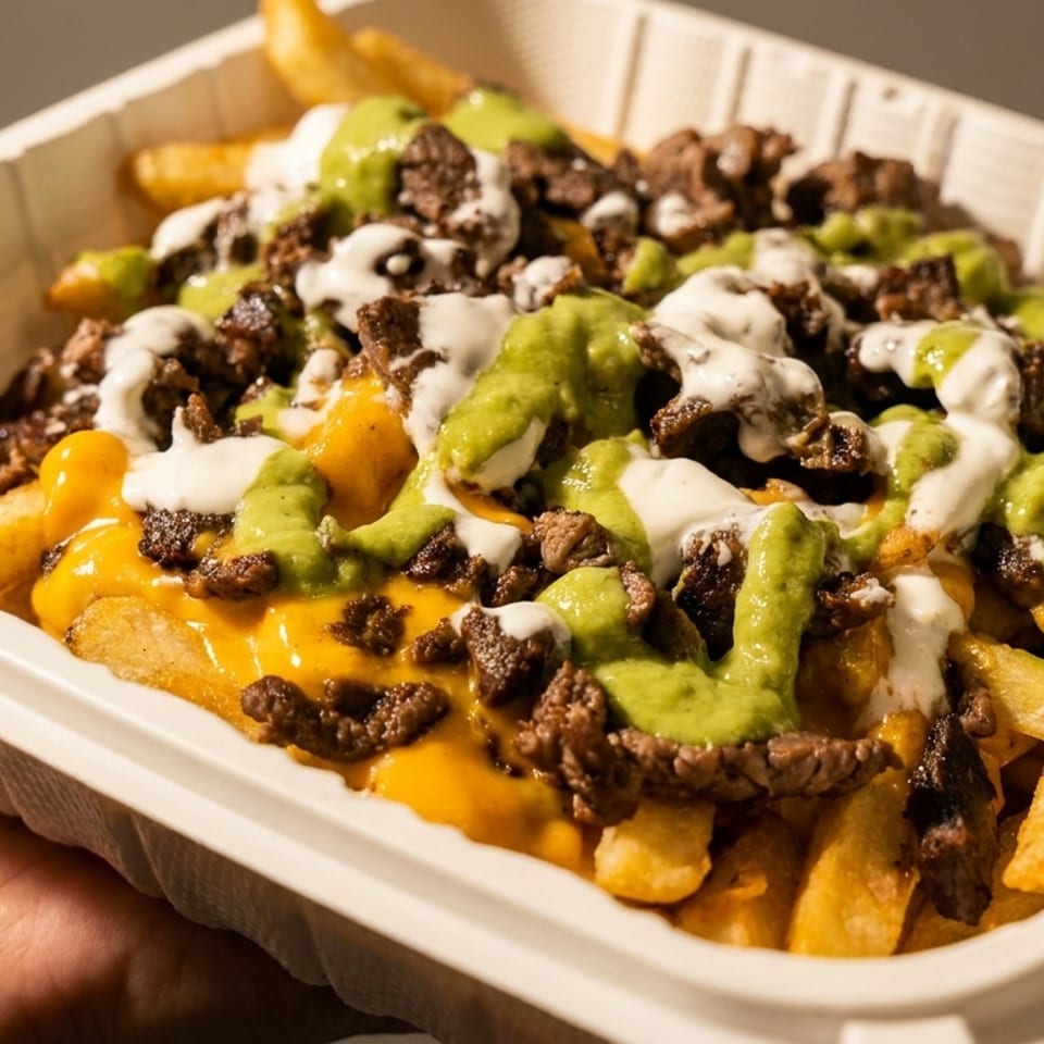 Close-up of loaded fries with cheese, beef, green sauce, and white sauce in a white container.