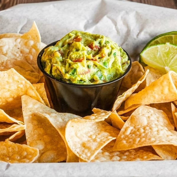 A basket of crispy tortilla chips surrounds a bowl of fresh guacamole and lime wedges.