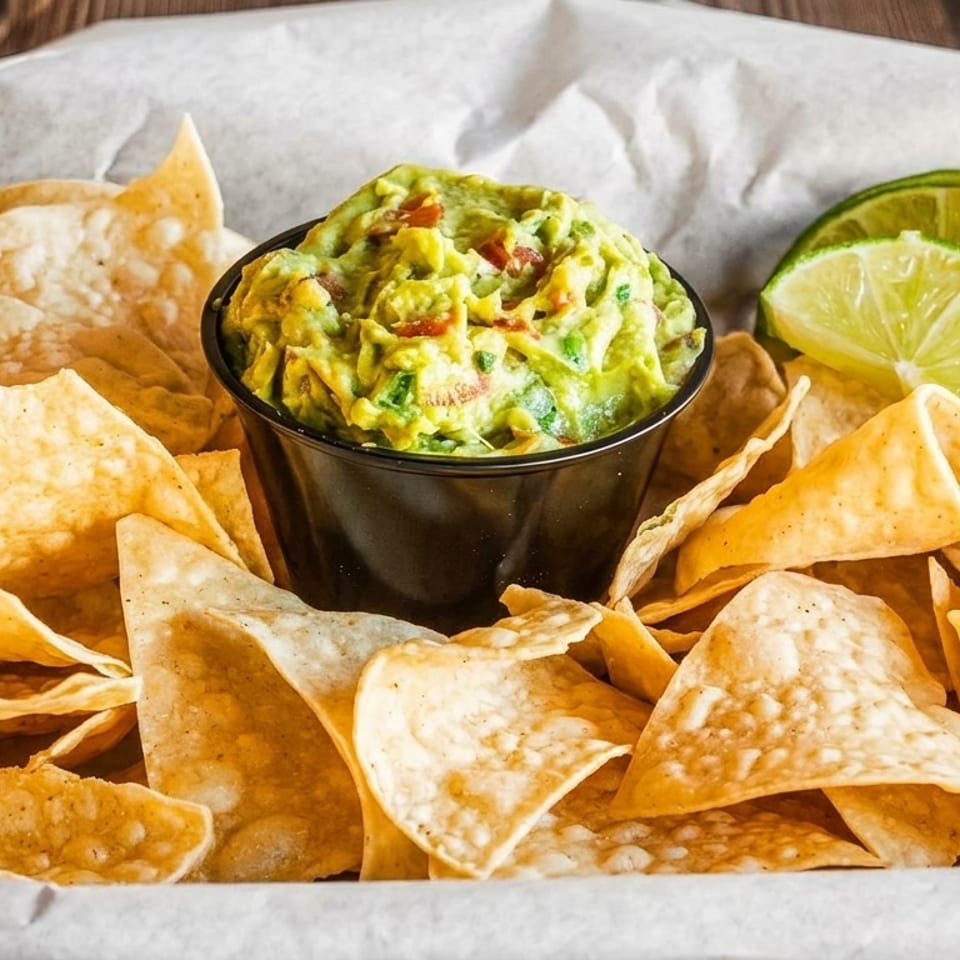 A basket of crispy tortilla chips surrounds a bowl of fresh guacamole and lime wedges.